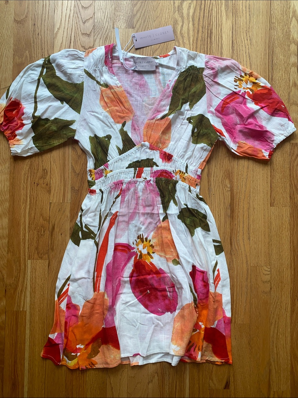 Floral Puff-Sleeve Dress in White with Pink & Orange Print - it has pockets!